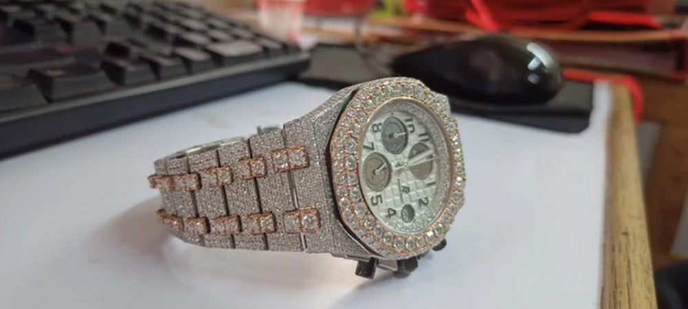 Full Iced Out VVS Diamond Men Watch, Stainless Steel All Chronograph Working 2 Tone Gold Plated 42mm Men Watch