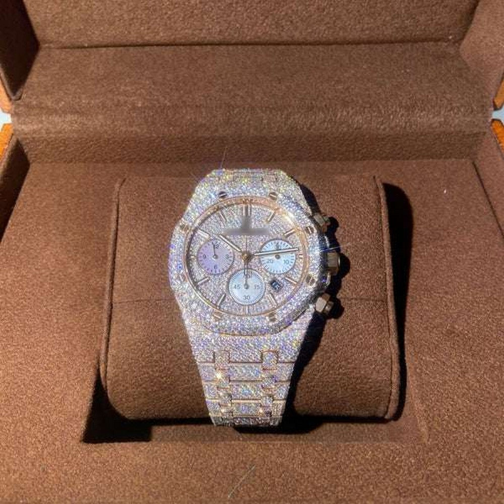 Full Iced Out VVS Diamond Men Watch, Stainless Steel All Chronograph Working 2 Tone Gold Plated 42mm Men Watch