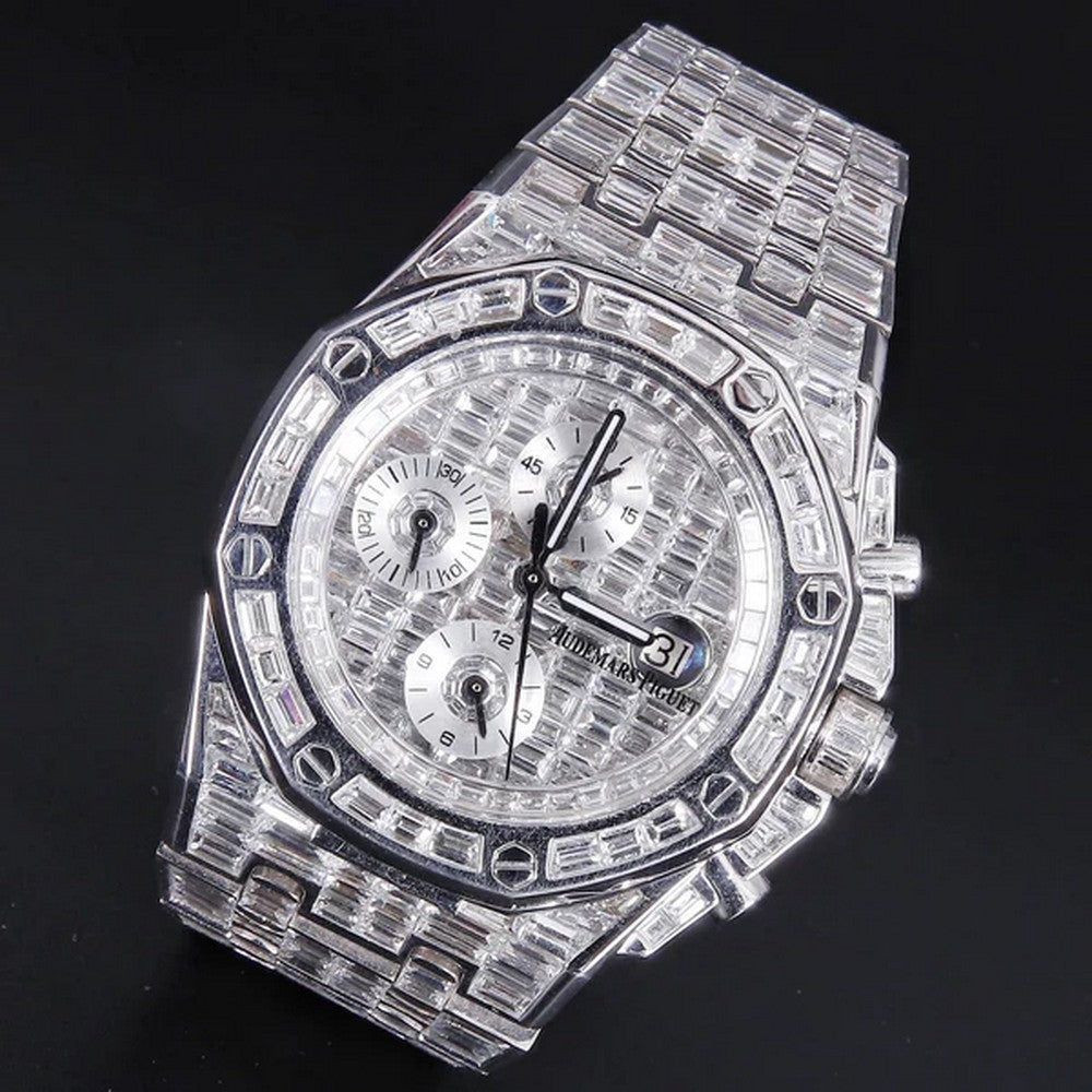 Full Iced Out VVS Baguette Diamond Men Watch, Stainless Steel All Chronology Working White Gold Plated 42mm Men Watch