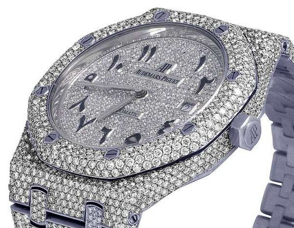 Full Iced Out VVS Diamond Men Watch, Stainless Steel White Gold Arabic Font 42mm Men Watch