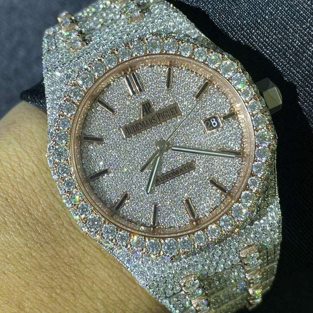 Full Iced Out VVS Diamond Men Watch, Stainless Steel White & Rose Gold 42mm Men Watch