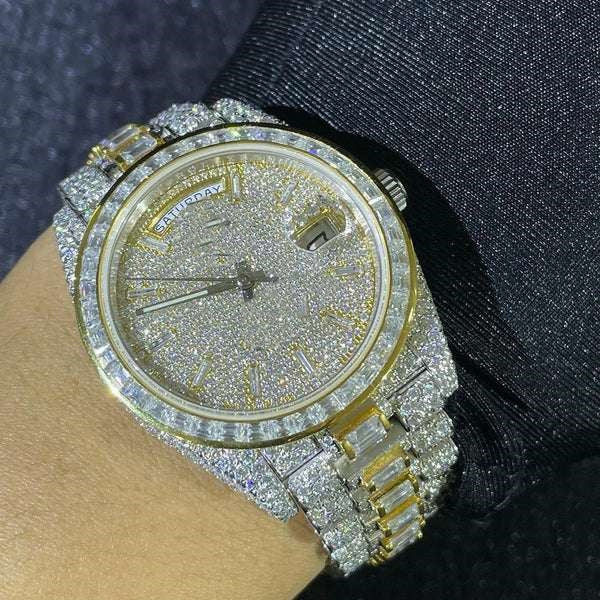 Rolex Daydate Full Iced Out VVS Diamond Watch, Baguette And Round VVS Diamond Wrist Watch For Men