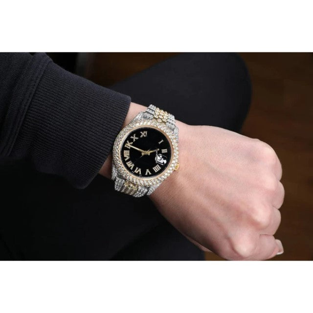 Gold Plated Stainless Steel Men Watch For Gift, Fully Iced Out Birthday Gift Watch For Him