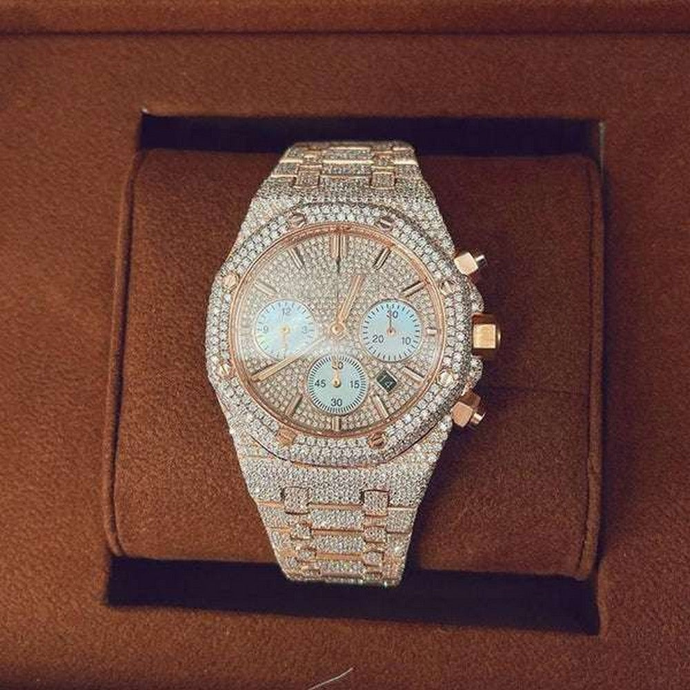 Full Iced Out VVS Diamond Men Watch, Stainless Steel All Chronograph Working 2 Tone Gold Plated 42mm Men Watch