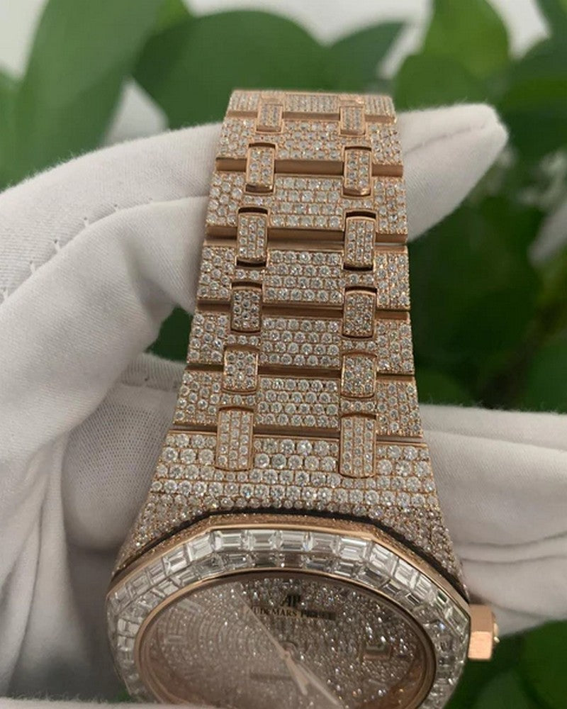 Baguette & Round VVS Diamond Full Iced Out Watch, Stainless Steel Self Winding Diamond Watch For Him, VVS Diamond Watch