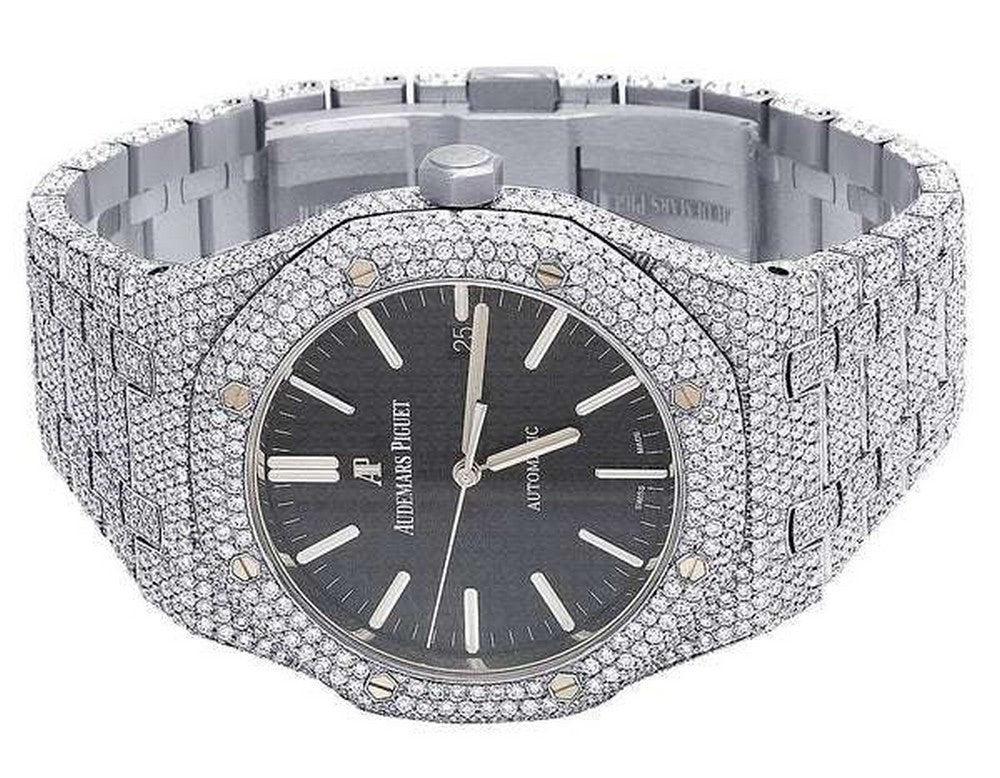 Full Iced Out VVS Diamond Men Watch, Stainless Steel White Gold Black Face 42mm Men Watch