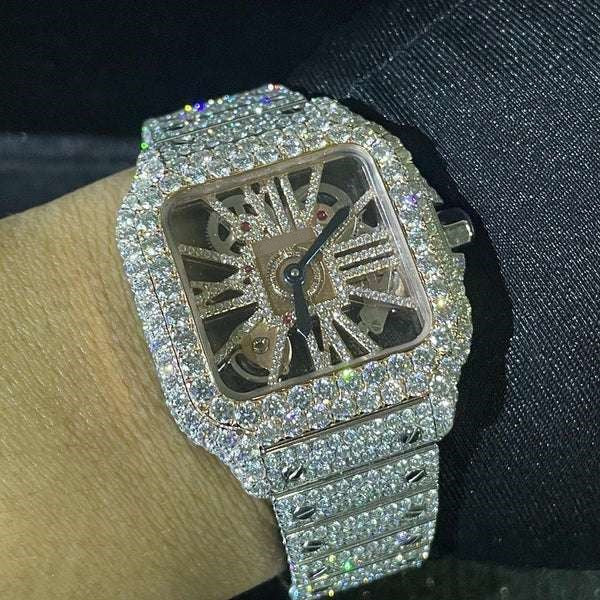 Cartier Santos Skeleton VVS Diamond Men Watch, Stainless Steel White & Rose Gold Plated Men Watch For Birthday Gift