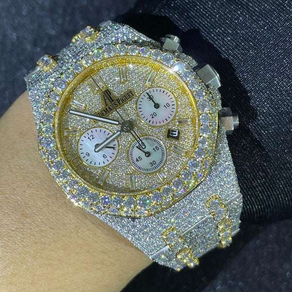 Full Iced Out VVS Diamond Men Watch, Stainless Steel All Chronograph Working 42mm Men Watch, White & Yellow Gold Plated Birthday Gift Watch