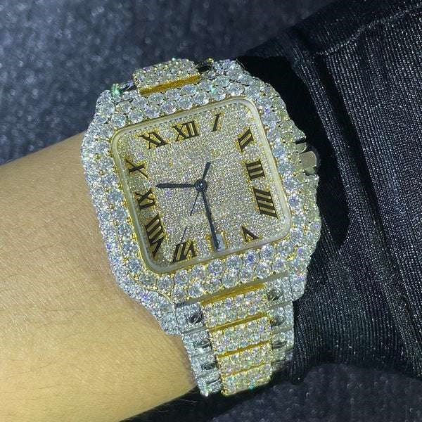 Cartier Santos VVS Diamond Iced Out Men Watch, Stainless Steel 2 Tone Gold Plated Men Watch For Birthday Gift