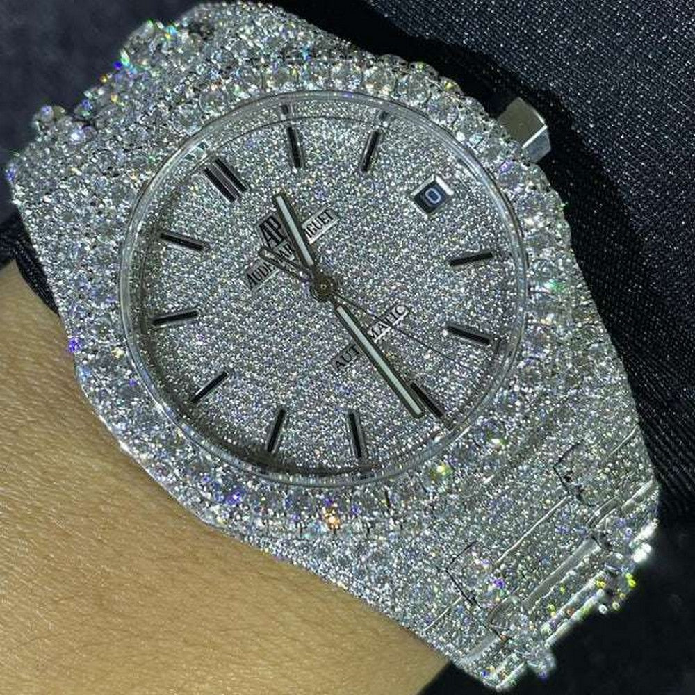 Full Iced Out VVS Diamond Men Watch, Stainless Steel White Gold 42mm Men Watch