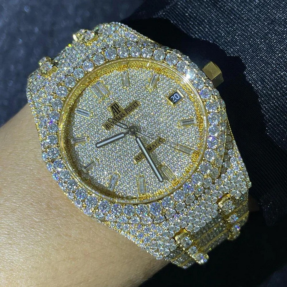 Full Iced Out VVS Diamond Men Watch, Stainless Steel Yellow Gold 42mm Men Watch