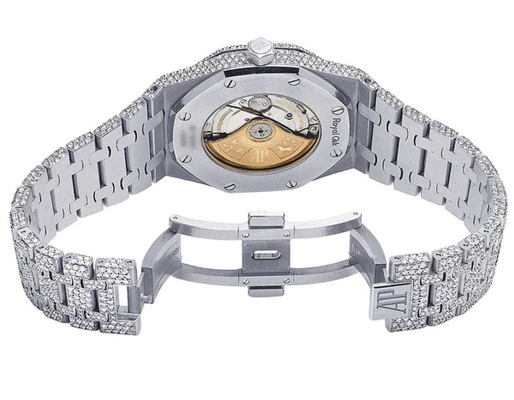 Full Iced Out VVS Diamond Men Watch, Stainless Steel White Gold Black Face 42mm Men Watch