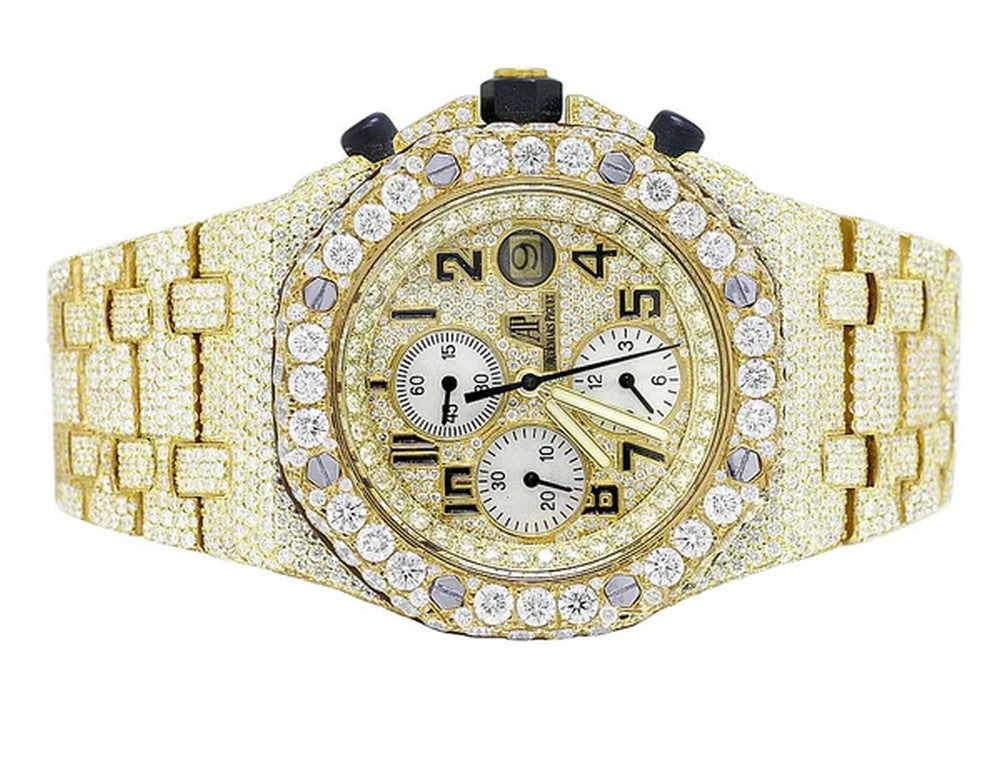 Full Iced Out VVS Diamond Men Watch, Stainless Steel Yellow Gold Plated All Chronograph Working 42mm Men Watch