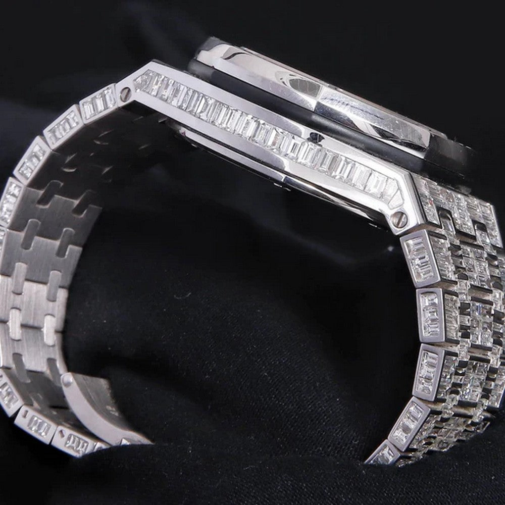 Full Iced Out VVS Baguette Diamond Men Watch, Stainless Steel All Chronology Working White Gold Plated 42mm Men Watch