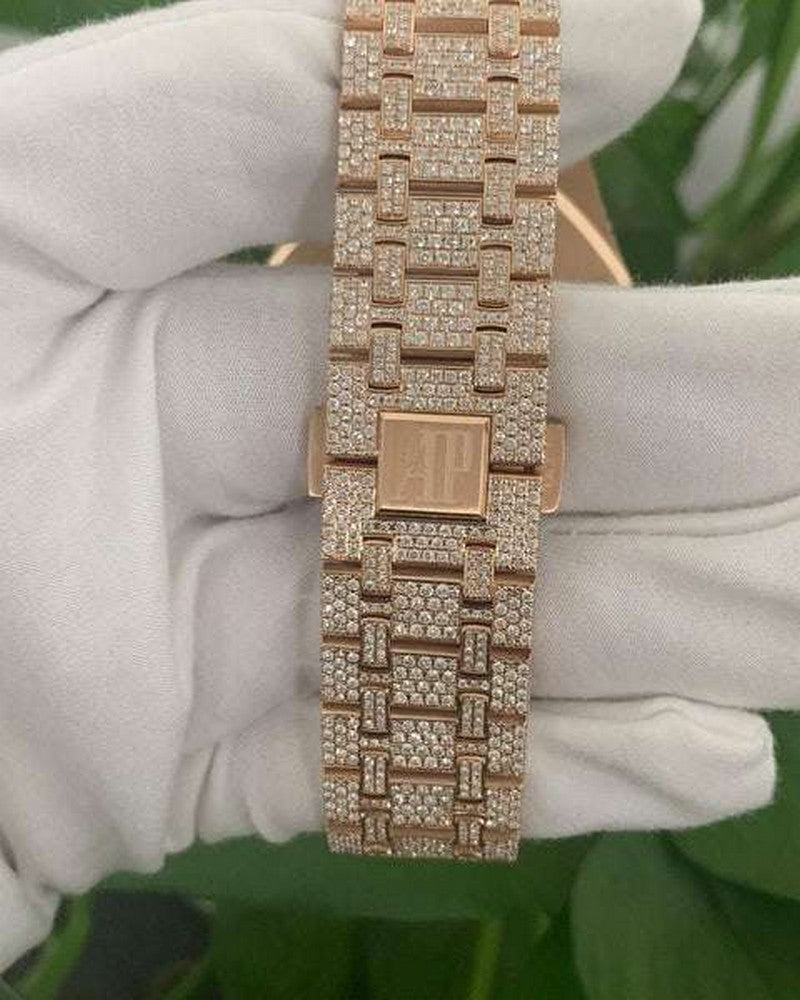 Baguette & Round VVS Diamond Full Iced Out Watch, Stainless Steel Self Winding Diamond Watch For Him, VVS Diamond Watch