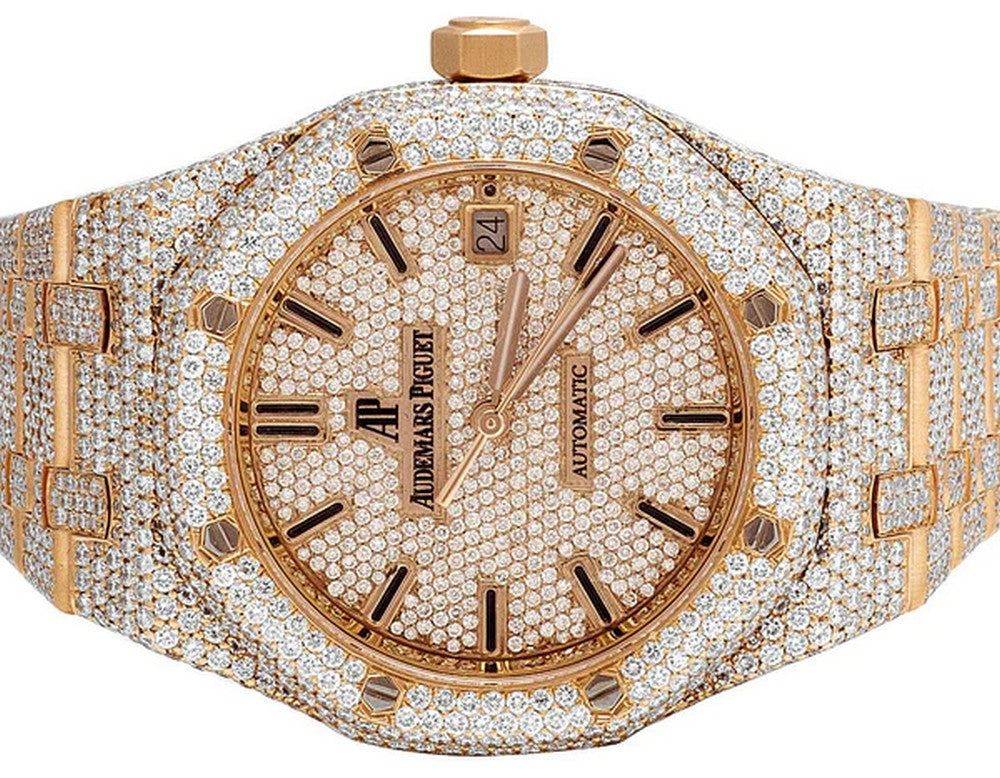 Full Iced Out VVS Diamond Men Watch, Stainless Steel Rose Gold 42mm Men Watch