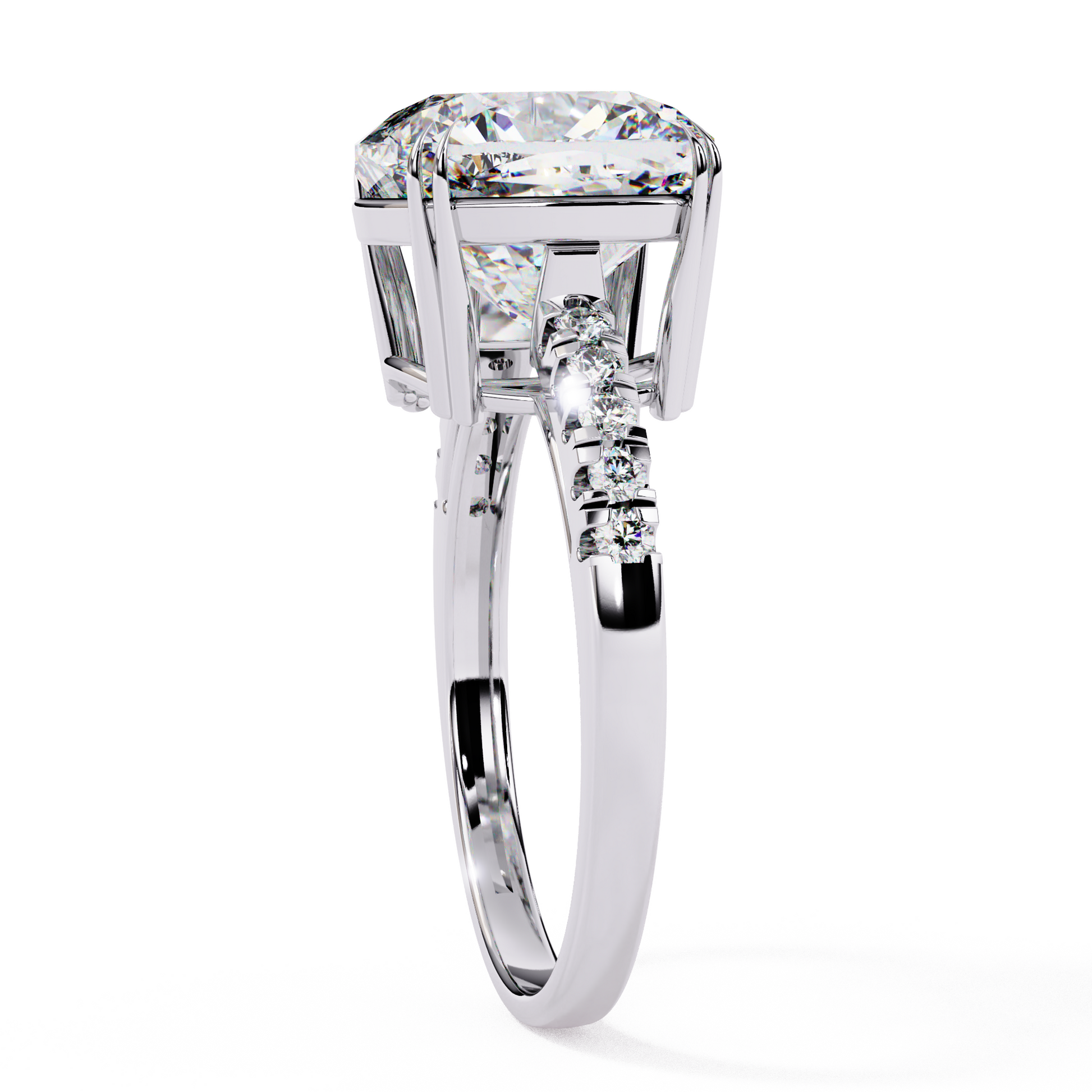 Cushion cut lab created diamond ring side view showing cathedral setting rose gold band profile