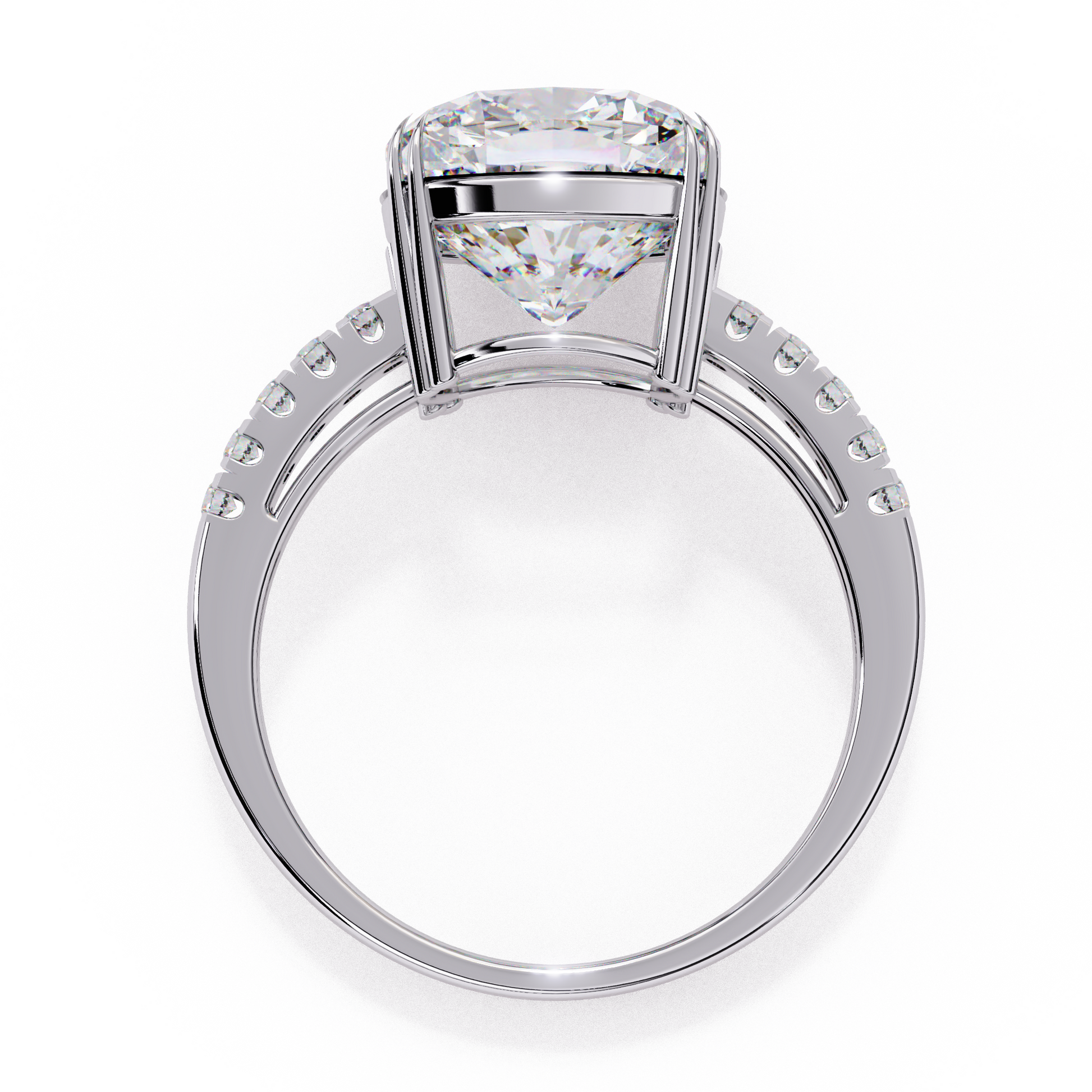 Three stone radiant cut lab grown diamond engagement ring under view showing setting structure yellow gold