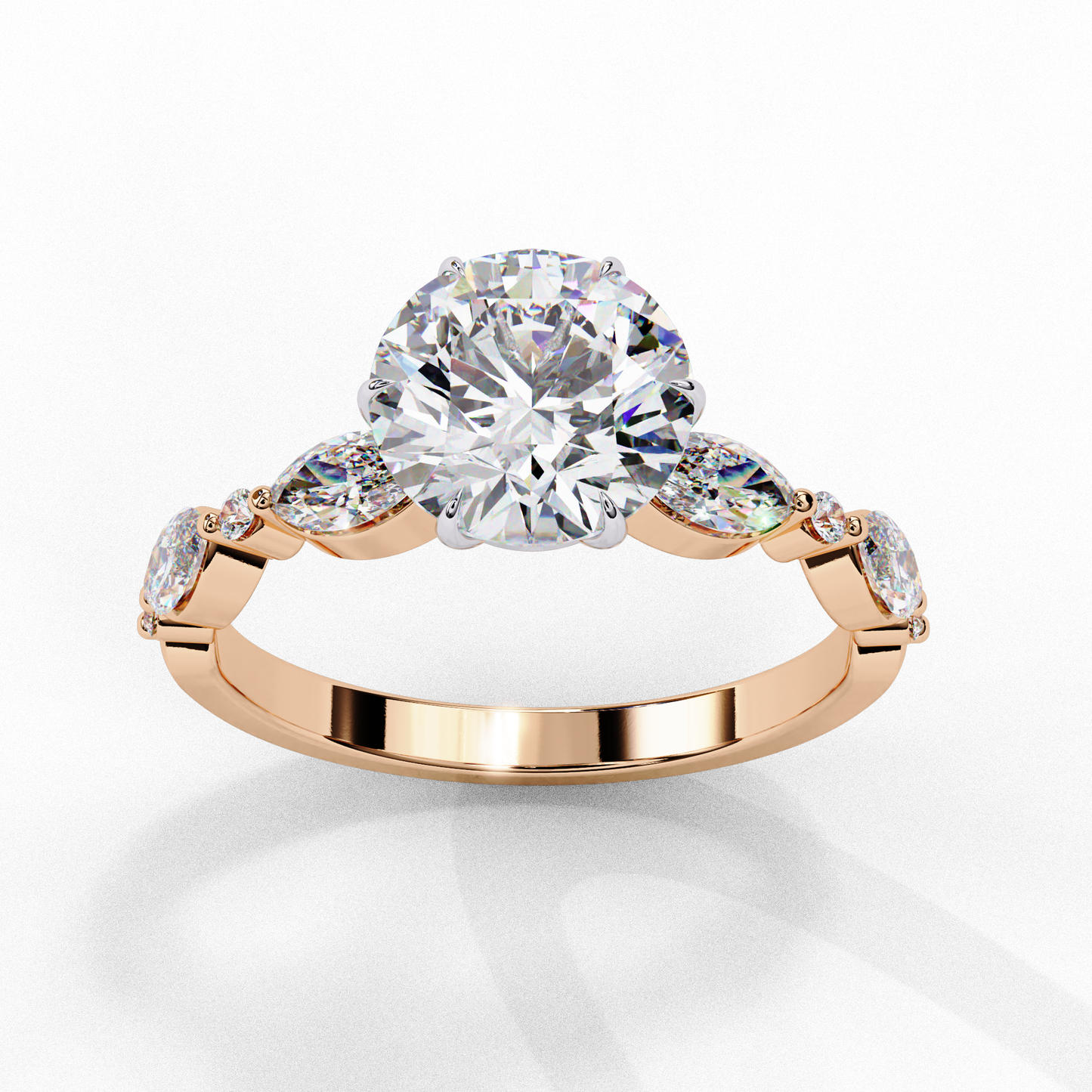 Round Cut Lab Grown Diamond Engagement Ring - Rose Gold Marquise Side Stone Setting | IGI Certified | Sarva Jewels