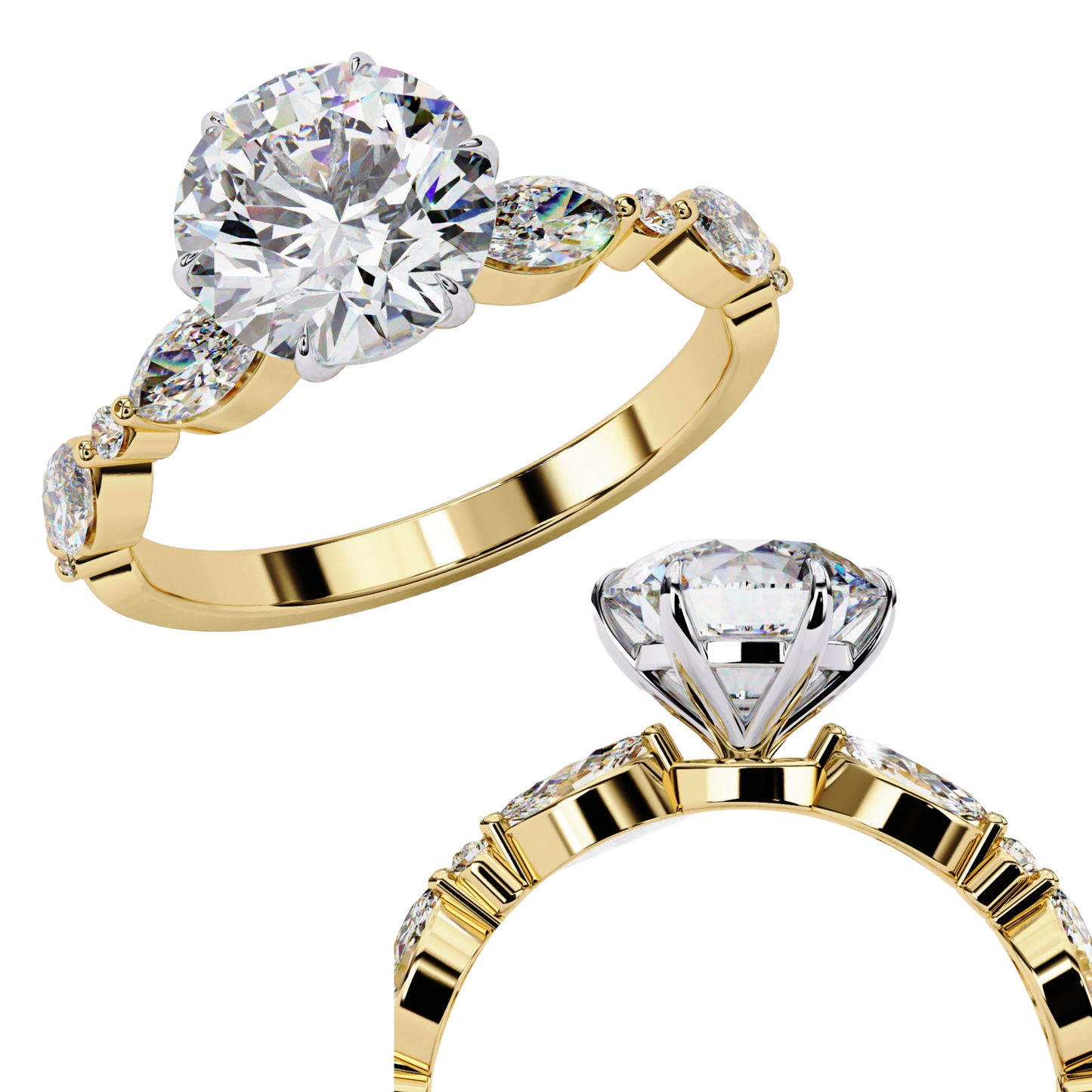 Round Cut Lab Grown Diamond Engagement Ring - Rose Gold Marquise Side Stone Setting | IGI Certified | Sarva Jewels
