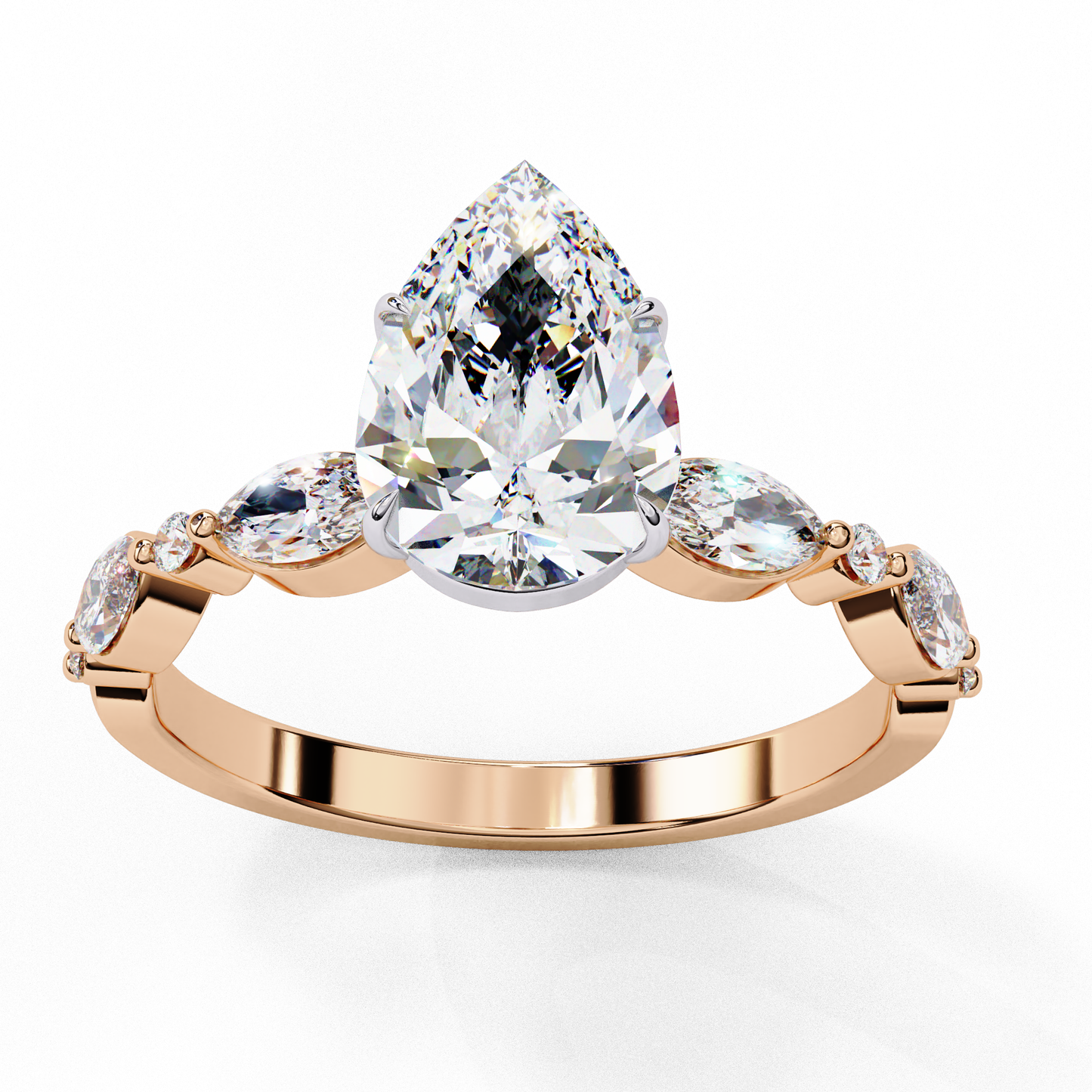 Pear Cut Lab Grown Diamond Engagement Ring - Two-Tone Marquise Side Stone Setting | IGI Certified | Sarva Jewels
