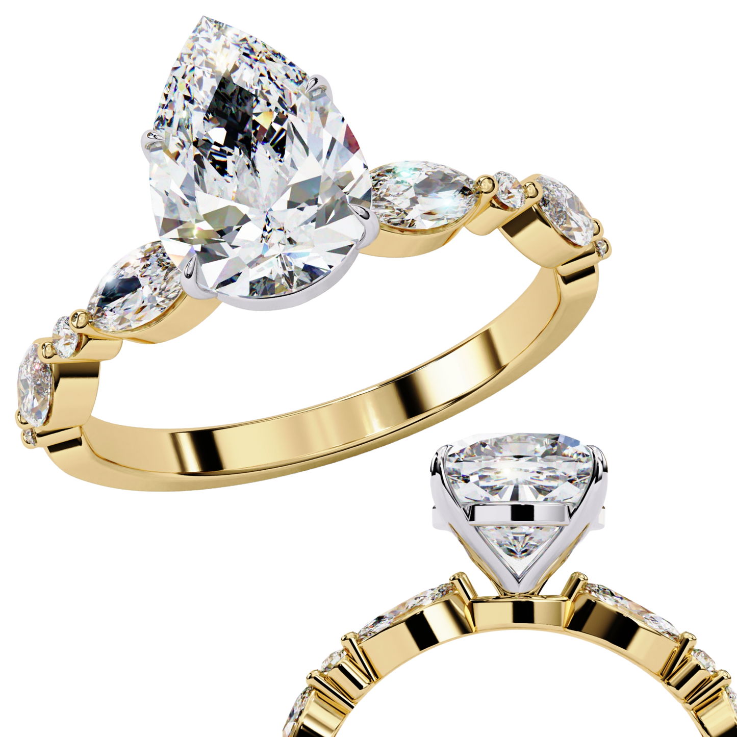 Pear Cut Lab Grown Diamond Engagement Ring - Two-Tone Marquise Side Stone Setting | IGI Certified | Sarva Jewels