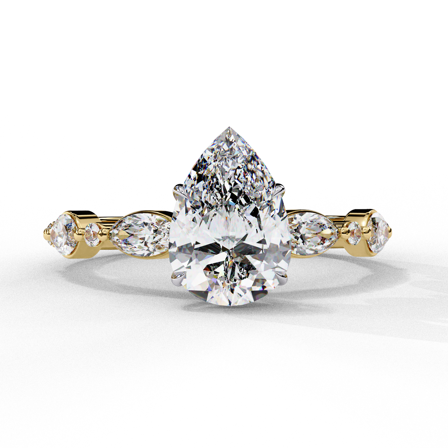 Pear Cut Lab Grown Diamond Engagement Ring - Two-Tone Marquise Side Stone Setting | IGI Certified | Sarva Jewels