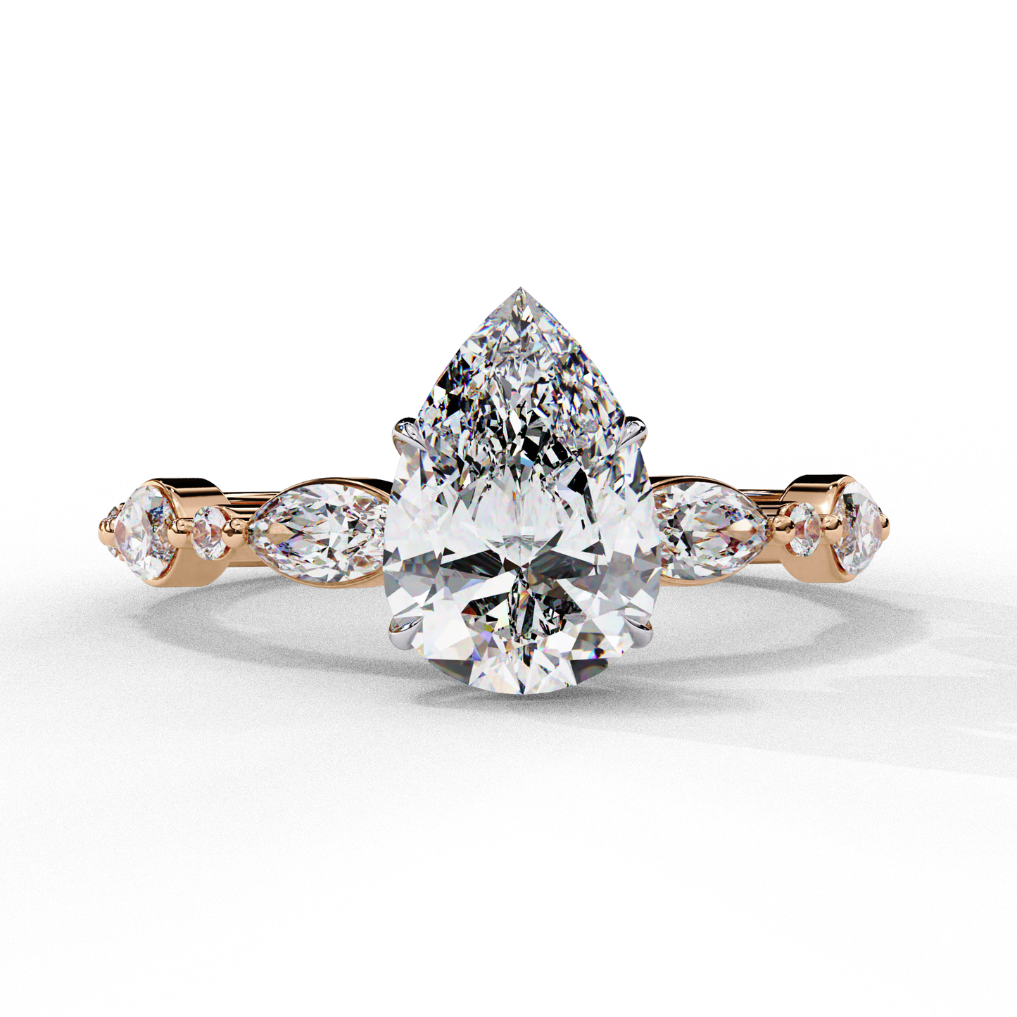 Pear Cut Lab Grown Diamond Engagement Ring - Two-Tone Marquise Side Stone Setting | IGI Certified | Sarva Jewels