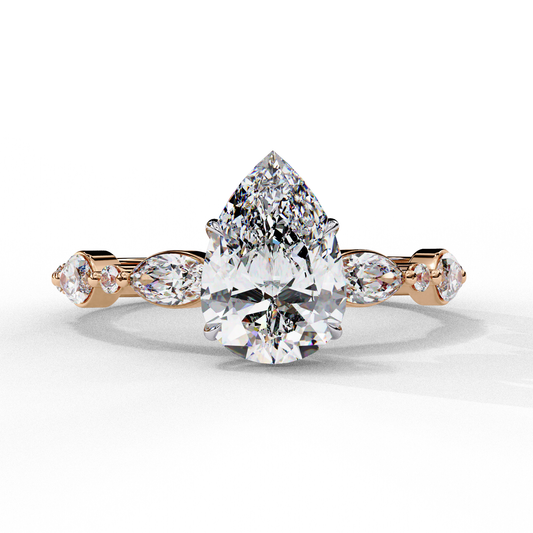 Pear Cut Lab Grown Diamond Engagement Ring - Two-Tone Marquise Side Stone Setting | IGI Certified | Sarva Jewels