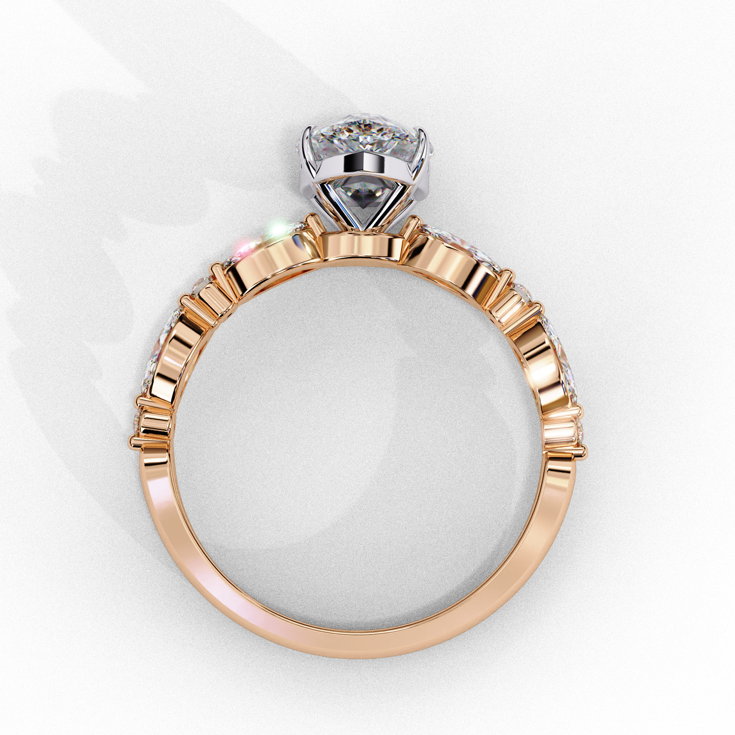 Pear Cut Lab Grown Diamond Engagement Ring - Two-Tone Marquise Side Stone Setting | IGI Certified | Sarva Jewels