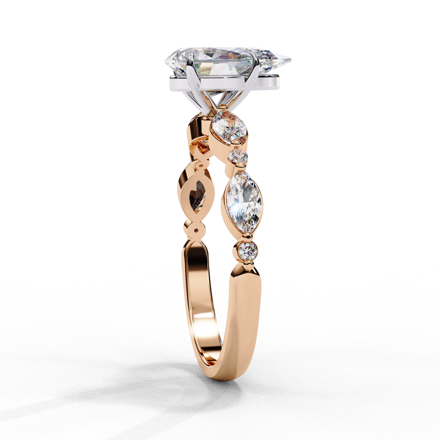 Pear Cut Lab Grown Diamond Engagement Ring - Two-Tone Marquise Side Stone Setting | IGI Certified | Sarva Jewels