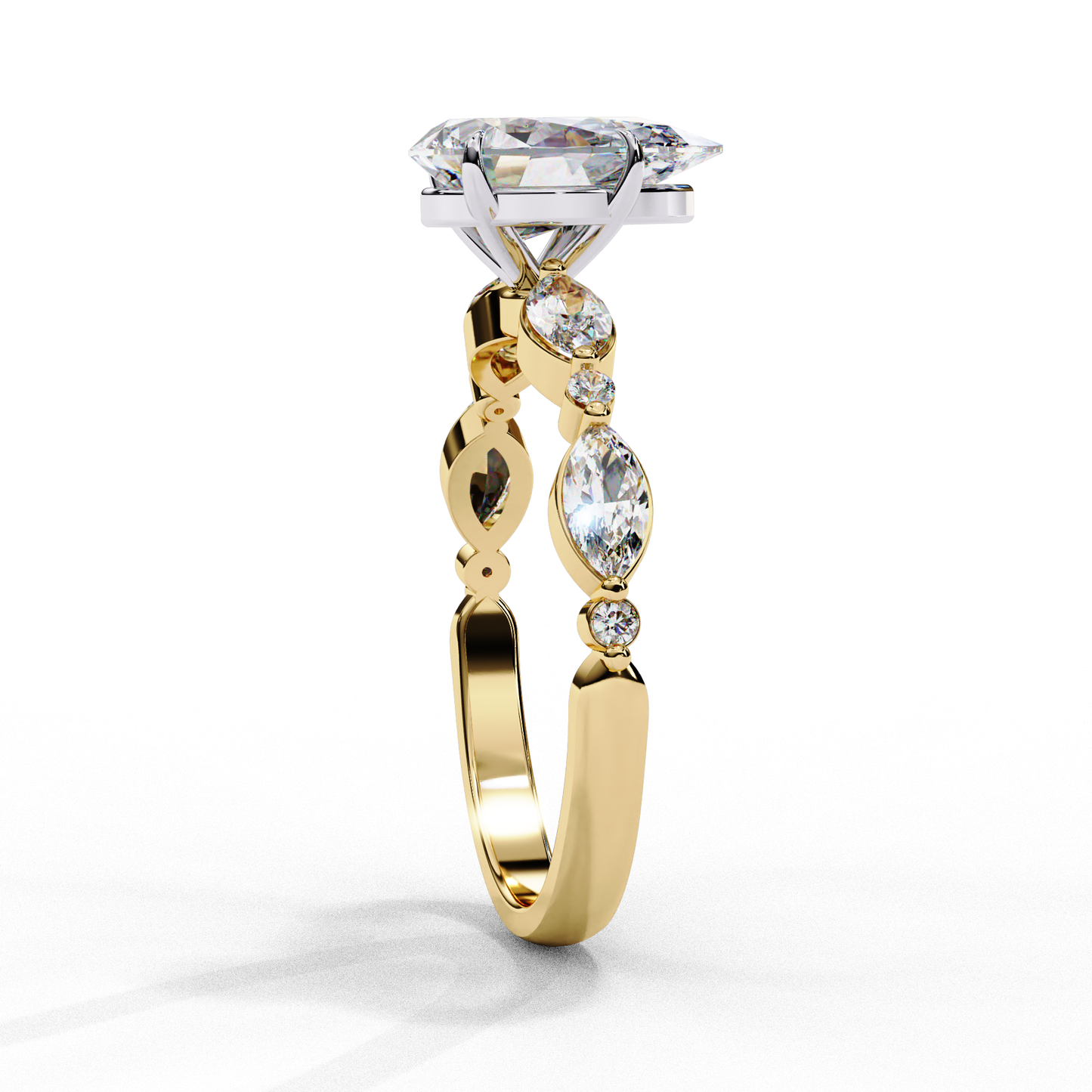 Pear Cut Lab Grown Diamond Engagement Ring - Two-Tone Marquise Side Stone Setting | IGI Certified | Sarva Jewels