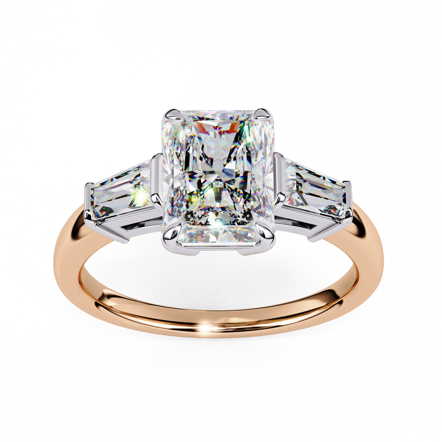 Radiant Cut Lab Grown Diamond Three Stone Engagement Ring - Two-Tone Baguette Setting | IGI Certified | Sarva Jewels