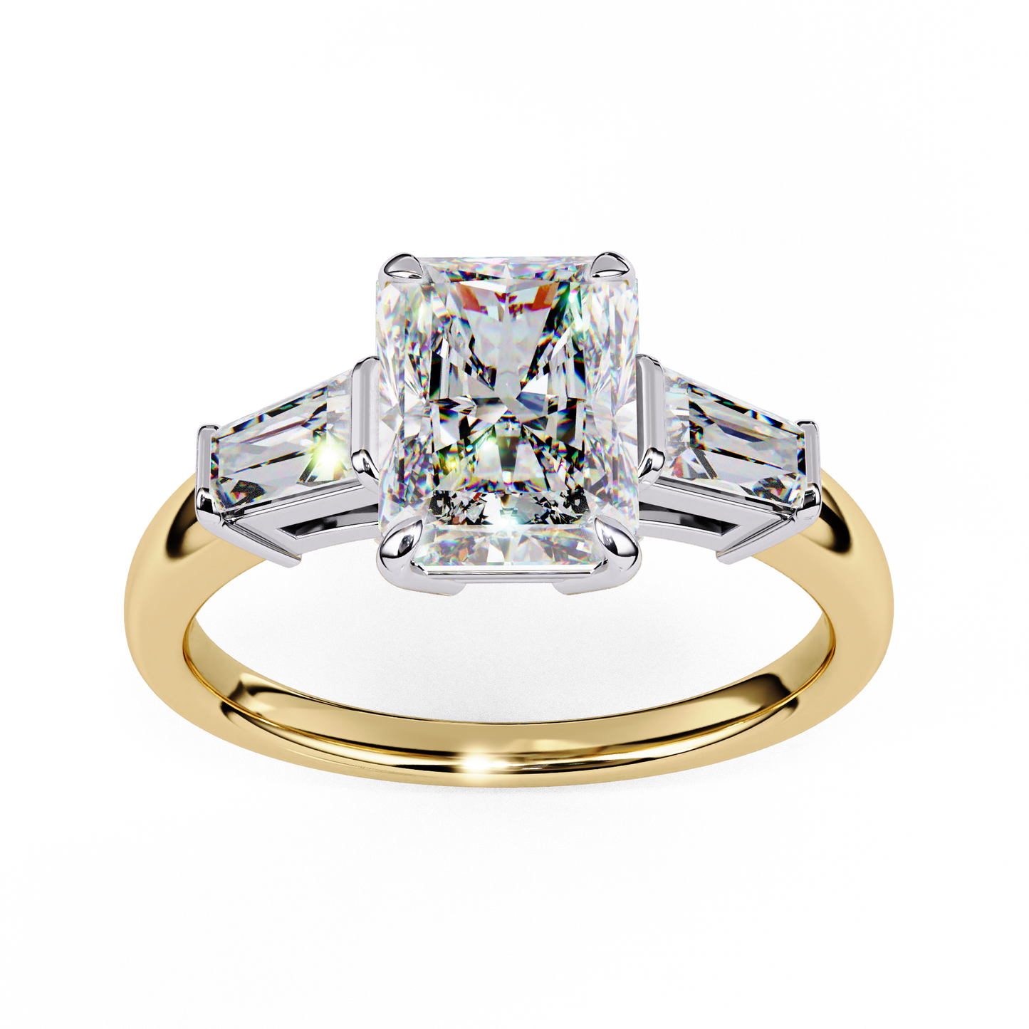 Radiant Cut Lab Grown Diamond Three Stone Engagement Ring - Two-Tone Baguette Setting | IGI Certified | Sarva Jewels