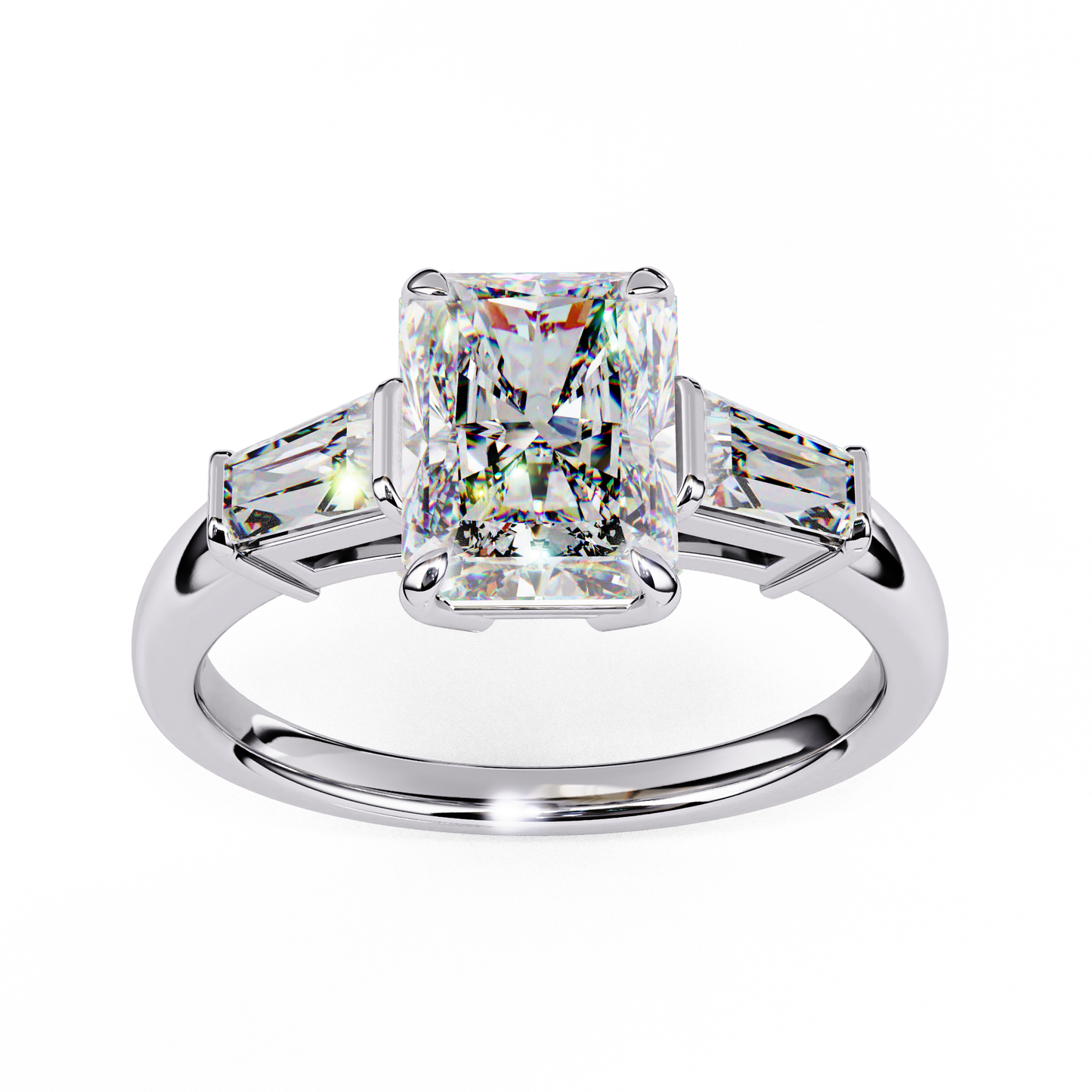 Radiant Cut Lab Grown Diamond Three Stone Engagement Ring - Two-Tone Baguette Setting | IGI Certified | Sarva Jewels
