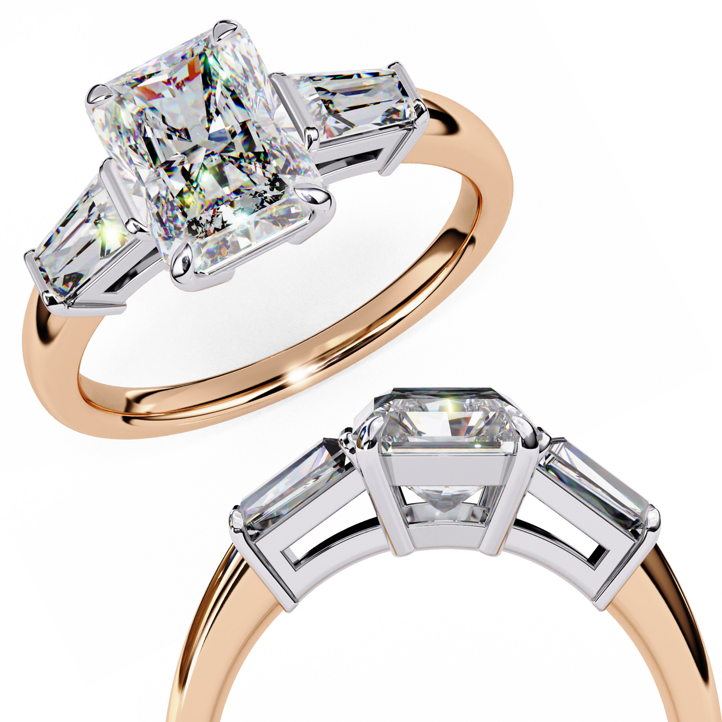 Radiant Cut Lab Grown Diamond Three Stone Engagement Ring - Two-Tone Baguette Setting | IGI Certified | Sarva Jewels