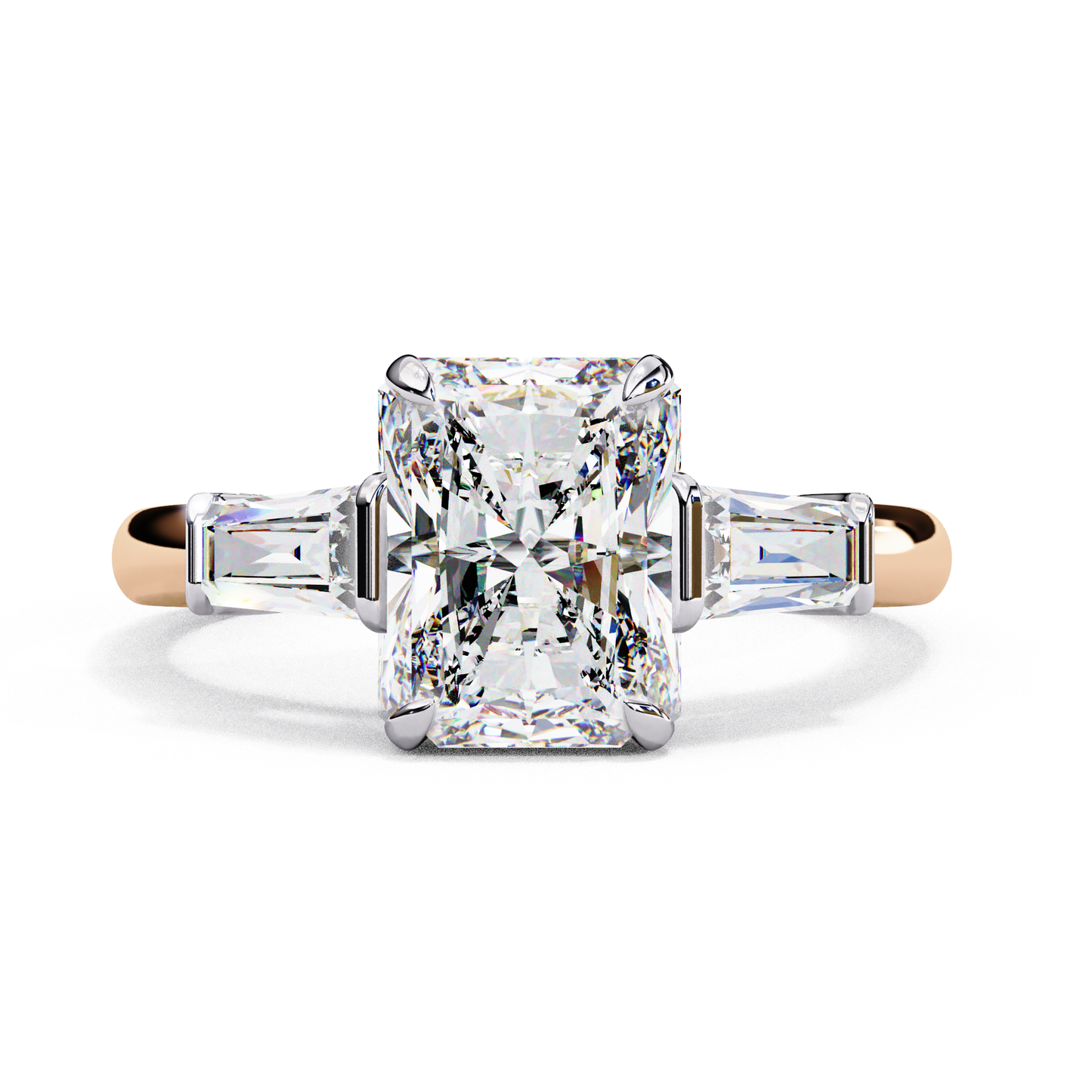 Radiant Cut Lab Grown Diamond Three Stone Engagement Ring - Two-Tone Baguette Setting | IGI Certified | Sarva Jewels