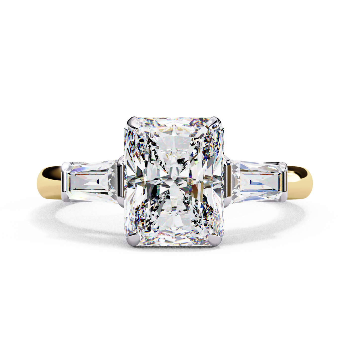 Radiant Cut Lab Grown Diamond Three Stone Engagement Ring - Two-Tone Baguette Setting | IGI Certified | Sarva Jewels