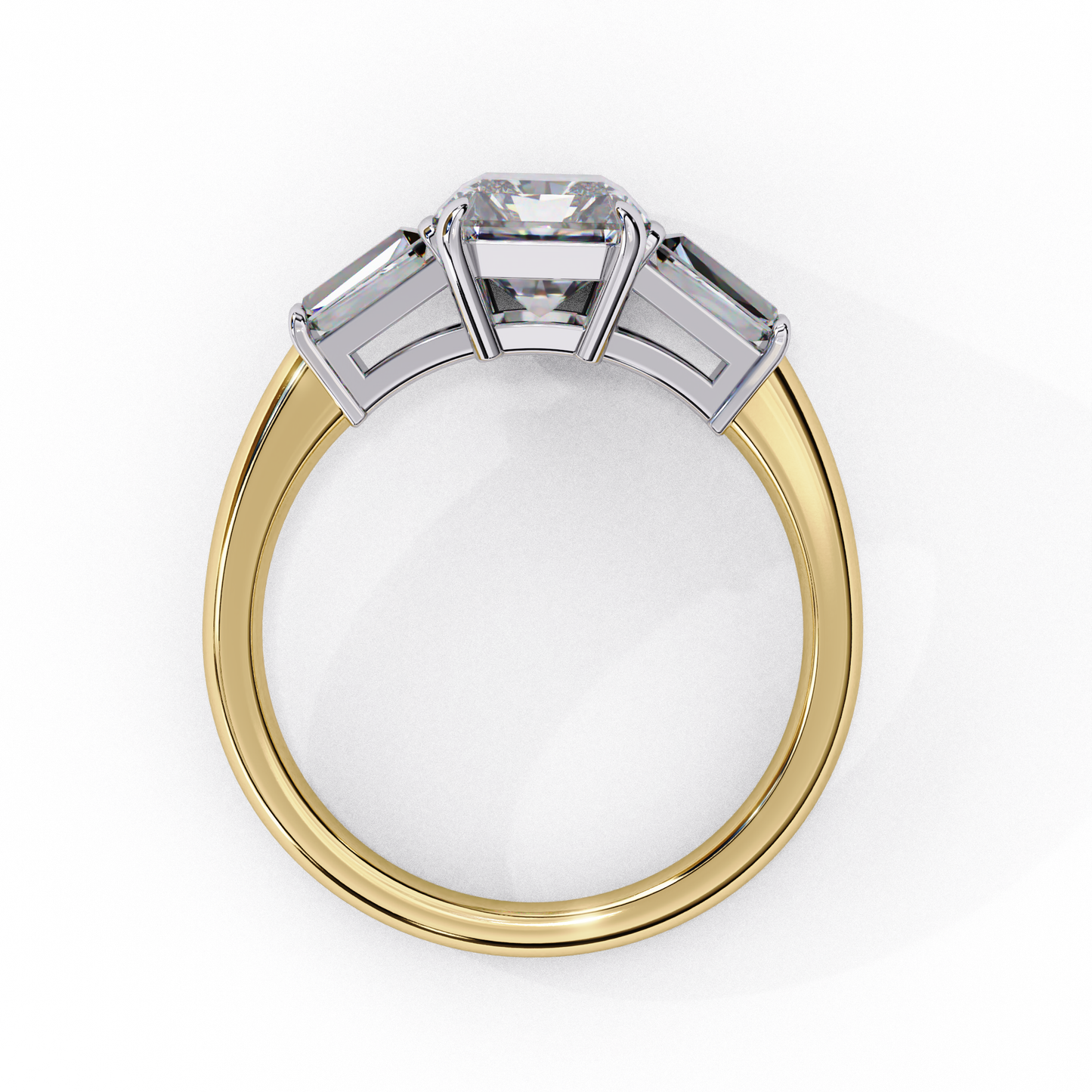 Radiant Cut Lab Grown Diamond Three Stone Engagement Ring - Two-Tone Baguette Setting | IGI Certified | Sarva Jewels