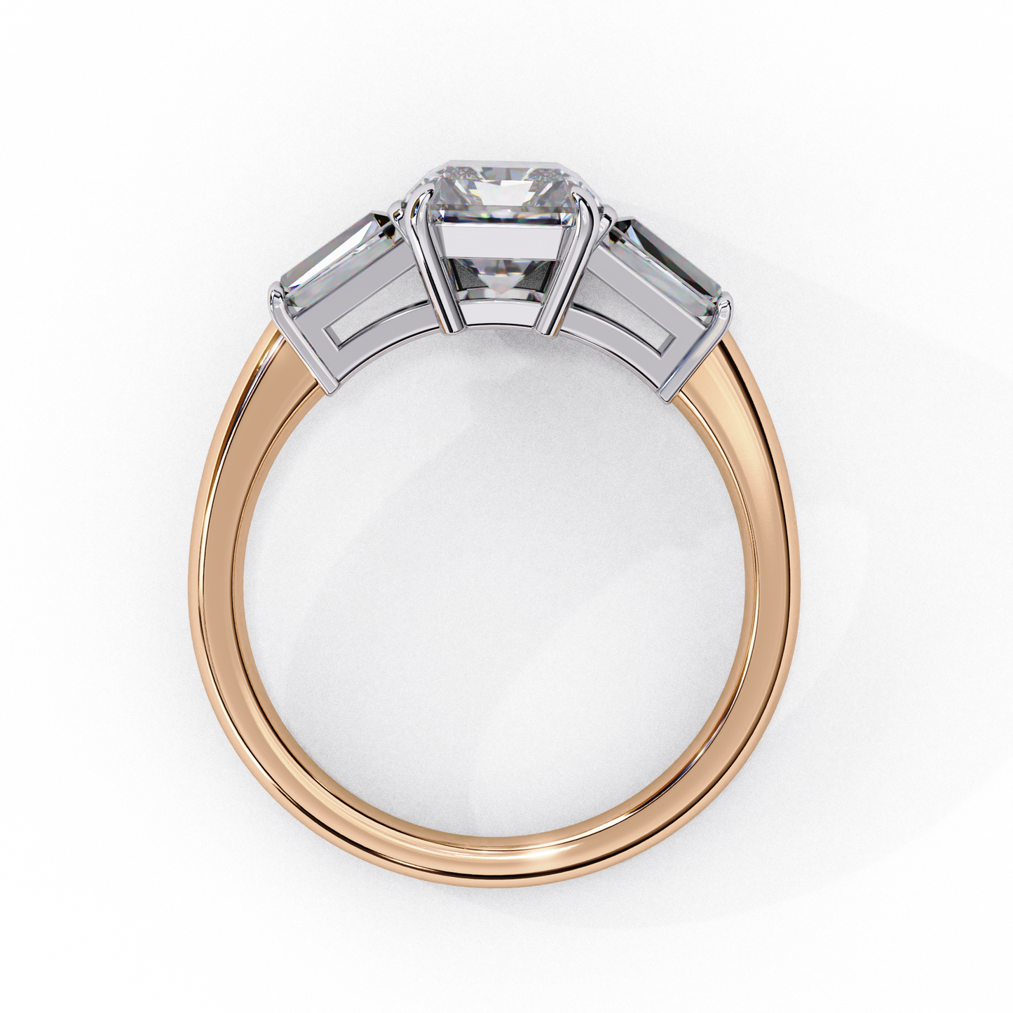 Radiant Cut Lab Grown Diamond Three Stone Engagement Ring - Two-Tone Baguette Setting | IGI Certified | Sarva Jewels