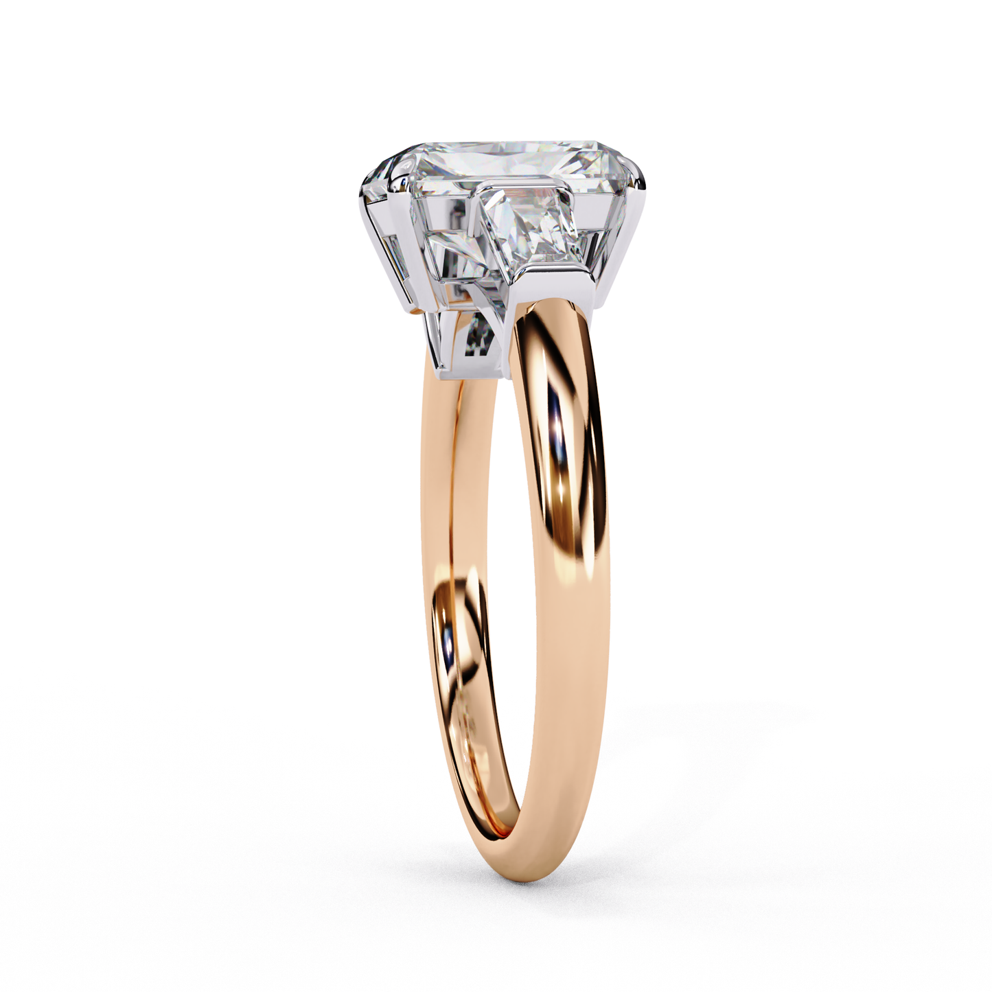 Radiant Cut Lab Grown Diamond Three Stone Engagement Ring - Two-Tone Baguette Setting | IGI Certified | Sarva Jewels