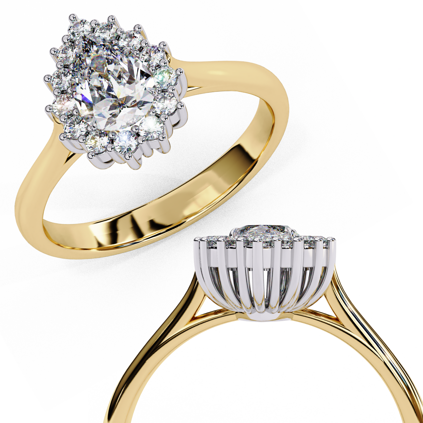 "Pear Cut Lab Grown Diamond Starburst Halo Engagement Ring - Rose Gold & White Gold Setting | IGI Certified | Sarva Jewels"