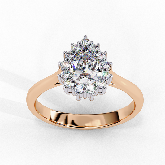 "Pear Cut Lab Grown Diamond Starburst Halo Engagement Ring - Rose Gold & White Gold Setting | IGI Certified | Sarva Jewels"