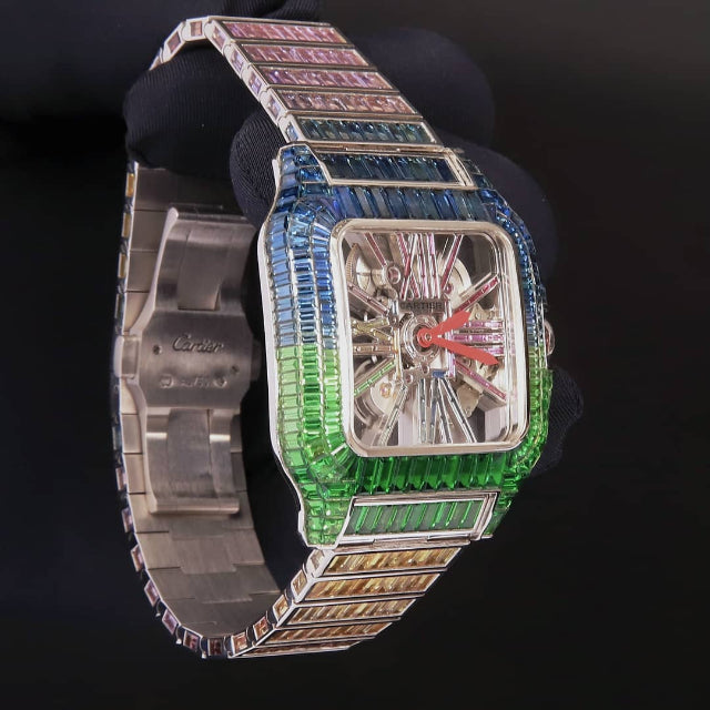 Cartier Skeleton Rainbow Sapphire Diamond Men Watch, Stainless Steel White Gold Plated Men Watch