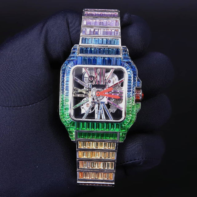 Cartier Skeleton Rainbow Sapphire Diamond Men Watch, Stainless Steel White Gold Plated Men Watch