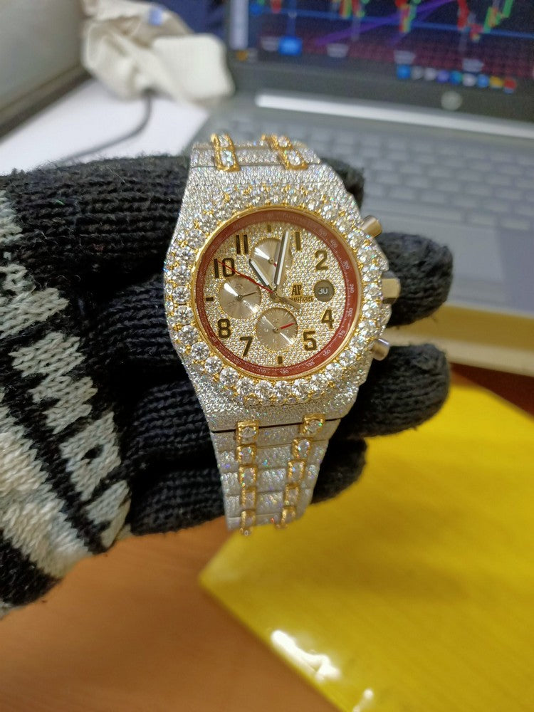 Iced Out Diamond Watch, Chronograph Working VVS Moissanite Diamond Men Wrist Watch, Wedding Gift Diamond Watch For Him