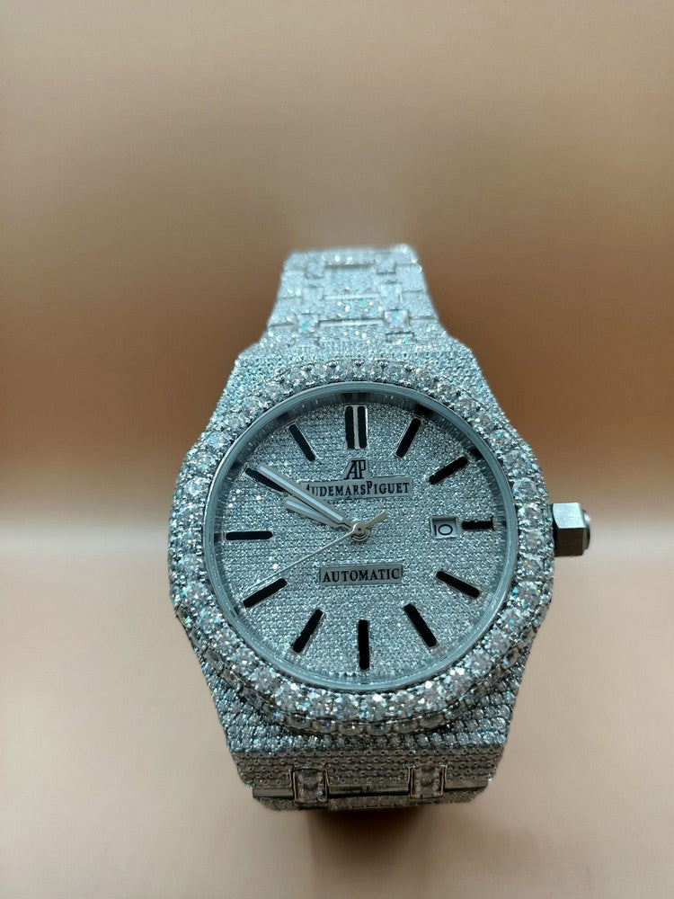 Full Iced Out Moissanite Diamond Men Watch, Stainless Steel White Gold Men Watch