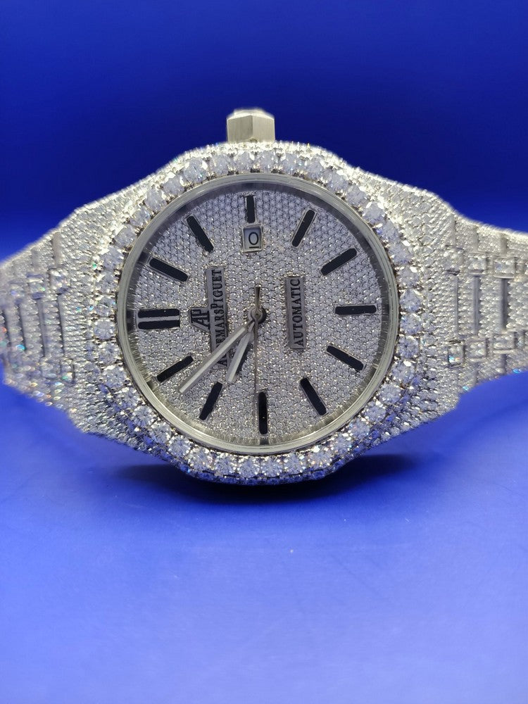 Full Iced Out Moissanite Diamond Men Watch, Stainless Steel White Gold Men Watch