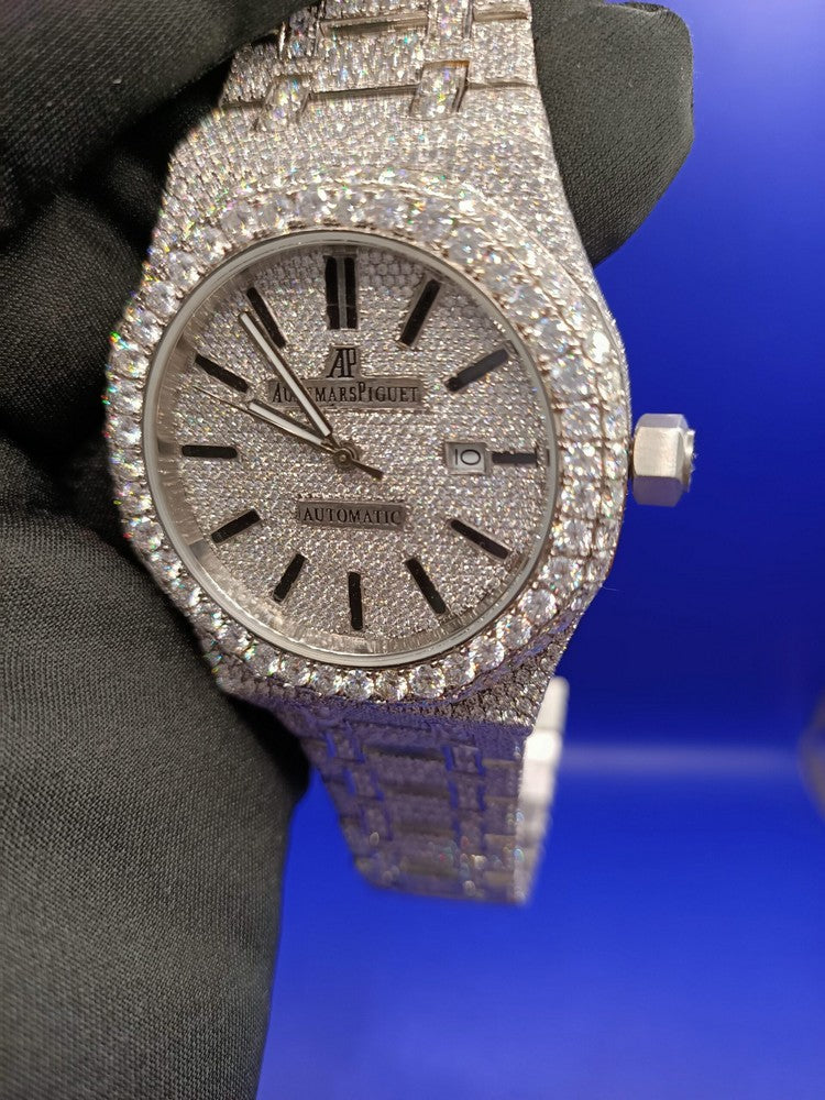 Full Iced Out Moissanite Diamond Men Watch, Stainless Steel White Gold Men Watch