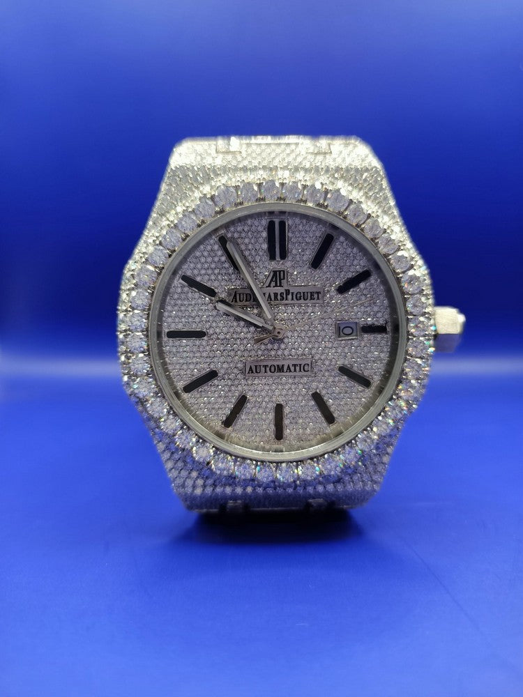 Full Iced Out Moissanite Diamond Men Watch, Stainless Steel White Gold Men Watch